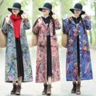 Long Floral Print Buttoned Hooded Coat