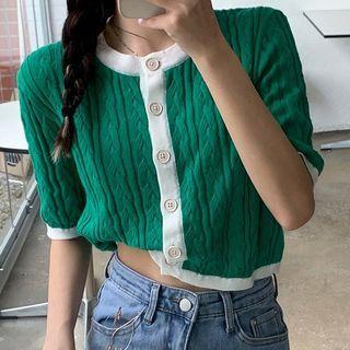 Short-sleeve Lettering Print Button-up Knit Top / Argyle Print Mini A-line Skirt