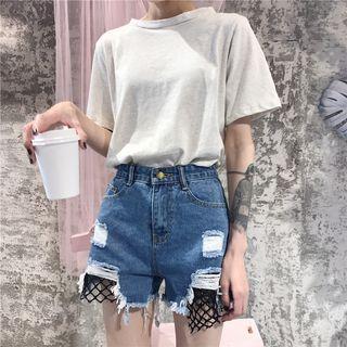 Distressed Net High-waist Denim Shorts
