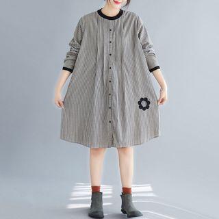 Floral Applique Long-sleeve Striped A-line Dress Stripe - Black & Gray - One Size