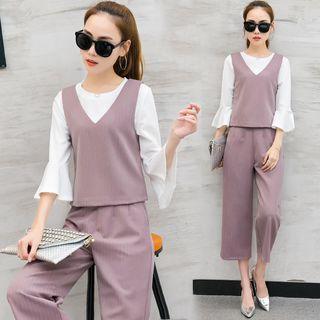Set: Elbow-sleeve Top + Tank Top + Wide Leg Pants