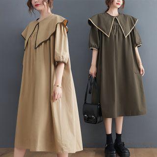 Elbow-sleeve Collar Midi Smock Dress