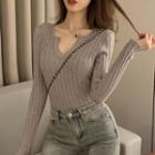 Open Placket Ribbed Knit Top