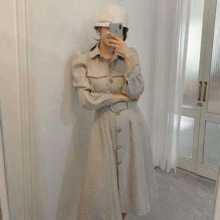 Belted Houndstooth Midi Shirtdress