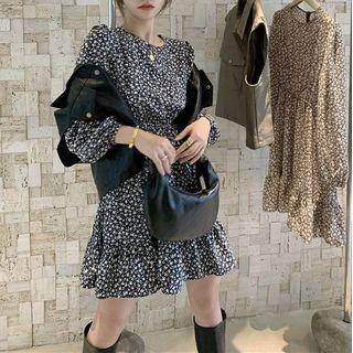Crew-neck Floral Puff-sleeve Dress / Faux-leather Button-up Vest