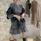 Crew-neck Floral Puff-sleeve Dress / Faux-leather Button-up Vest