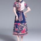 Set: Floral Print Short-sleeve Shirt + Midi A-line Skirt