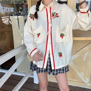 Strawberry Embroidered Long-sleeve Loose-fit Shirt As Figure - One Size