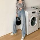 Leopard Print Button Cropped Cardigan / Camisole Top / Wide-leg Jeans