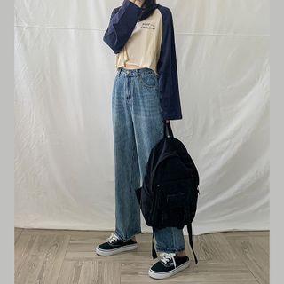Set: Lettering Long-sleeve T-shirt + Straight-fit Jeans