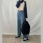 Set: Lettering Long-sleeve T-shirt + Straight-fit Jeans