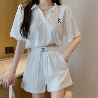 Set: Elbow-sleeve Lettering Polo Shirt + High Waist Wide Shorts