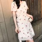 Short-sleeve Cherry Printed Chiffon A-line Mini Dress