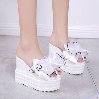 Planform Wedge Heel Bow Slide Sandals