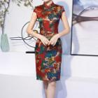 Short-sleeve Flower Print Slit Qipao