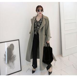 Snap-button Wool Blend Long Handmade Coat With Sash
