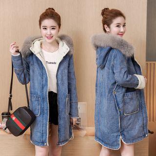 Furry Hood Zip Denim Coat