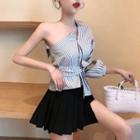 Asymmetric Striped Long-sleeve Blouse / Plain High-waist Pleated Skirt