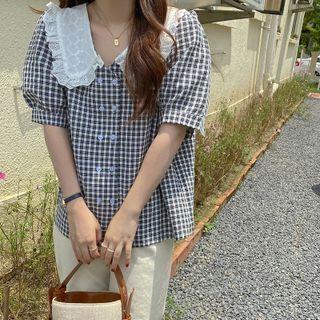 Puff-sleeve Embroidered Collar Gingham Blouse