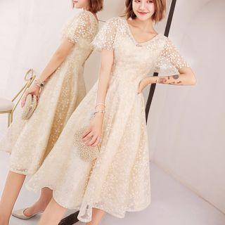 Short-sleeve V-neck A-line Prom Dress