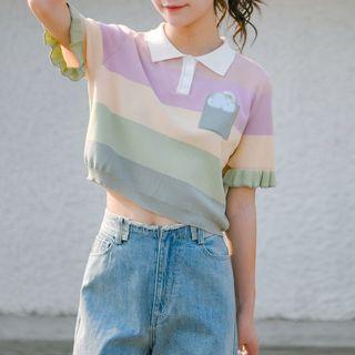 Elbow-sleeve Color Panel Knit Polo Shirt
