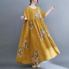 Short-sleeve Floral Maxi A-line Dress Yellow - One Size