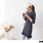 3/4 Sleeve Ruffled Hem Striped Knit Dress