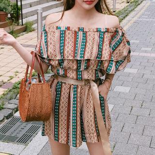 Off-shoulder Pattern Playsuit With Belt