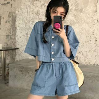 Elbow Sleeve Button-up Denim Crop Shirt / High-waist Denim Shorts