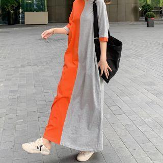 Elbow-sleeve Two Tone Maxi T-shirt Dress