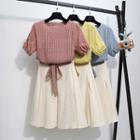 Set: Lantern-sleeve Plaid Top + Tie-waist A-line Skirt