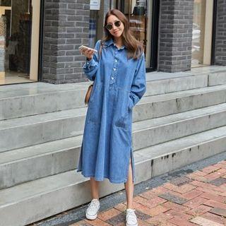 Slit-hem Denim Long Shirtwaist Dress
