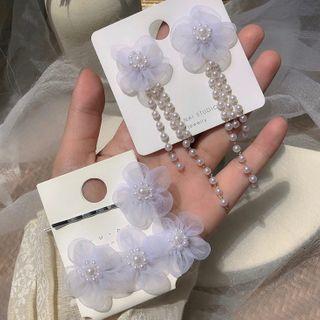 Mesh Flower Faux Pearl Fringed Earring / Hair Clip