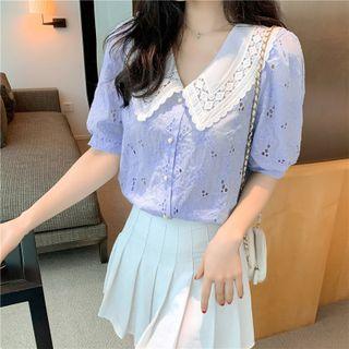 Puff Sleeve Contrast Collar Embroidered Lace Blouse