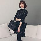 Long-sleeved Stand Collar Puff-sleeve Polka Dot Sheath Dress