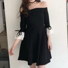 Off-shoulder Elbow-sleeve Mini A-line Dress Black - One Size