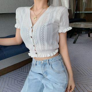 Cutout Knit Cropped Short-sleeve Top Beige - One Size