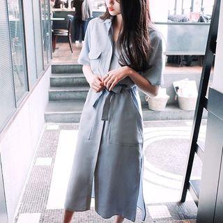 Elbow-sleeve Drawstring Waist Shirtdress