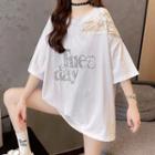 Elbow-sleeve Lace Panel Lettering T-shirt