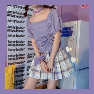 Short-sleeve Drawstring Ruched Blouse Violet - One Size