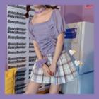 Short-sleeve Drawstring Ruched Blouse Violet - One Size