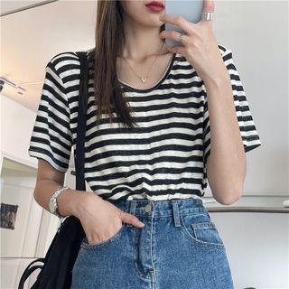 Short-sleeve Striped Padded-shoulder T-shirt