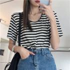 Short-sleeve Striped Padded-shoulder T-shirt
