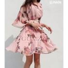Bell-sleeve Wrap-front Floral Dress