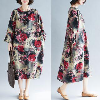 Flower Print Long-sleeve Midi Shift Dress As Shown In Figure - One Size