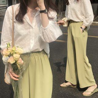Plain Wide-leg Pants / Embroidered 3/4-sleeve Blouse