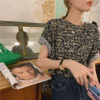 Elbow-sleeve Floral Print T-shirt Floral - Black - One Size