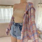 Plain Tube Top / Plaid Long-sleeve Loose-fit Shirt