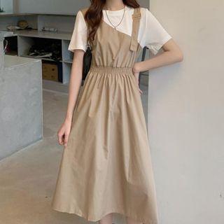 Short-sleeve Midi Two-tone A-line Dress