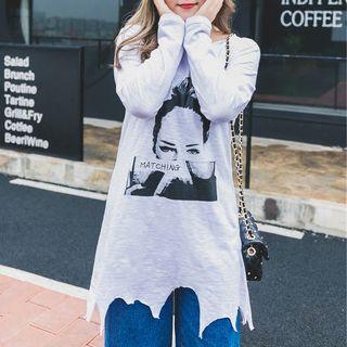 Asymmetric Hem Printed Long-sleeve T-shirt